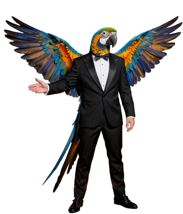 Martin Casino Maskottchen - Blauer Ara in Smoking begr&uuml;&szlig;t G&auml;ste